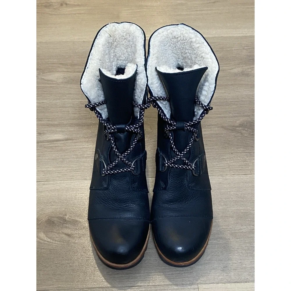 Sorel Joan of Arctic Wedge Black Leather Shearling Winter Snow Boots Women's 8.5